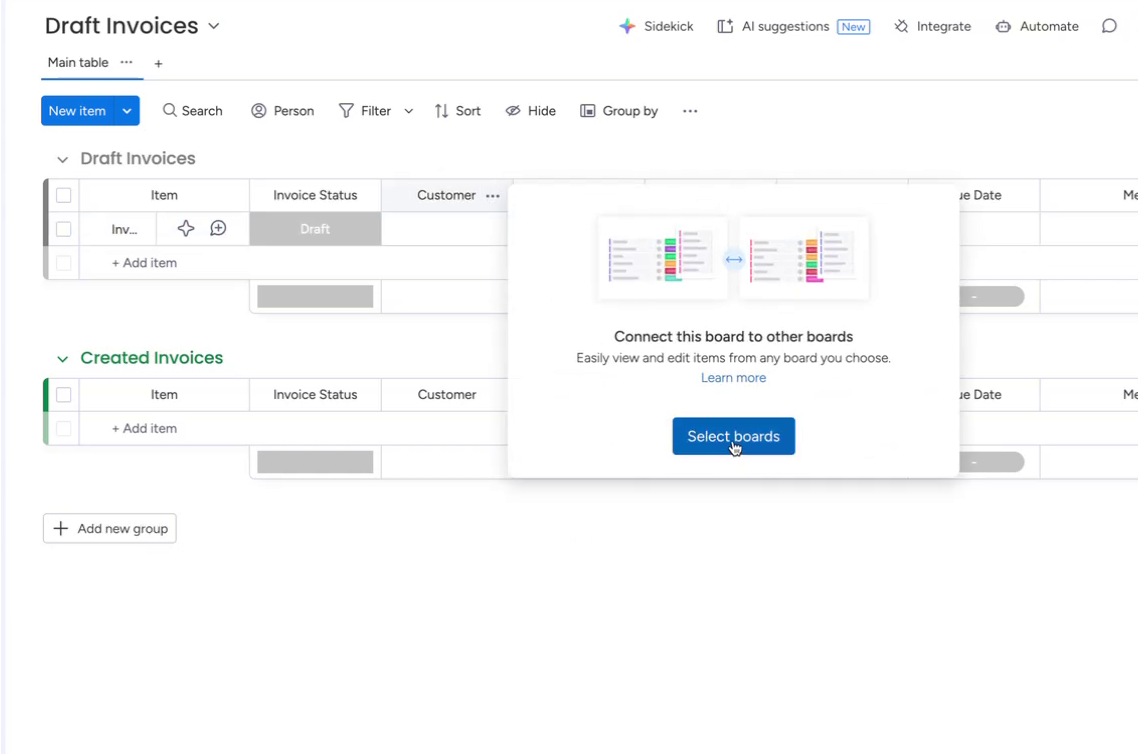 Connect board column for customer mapping