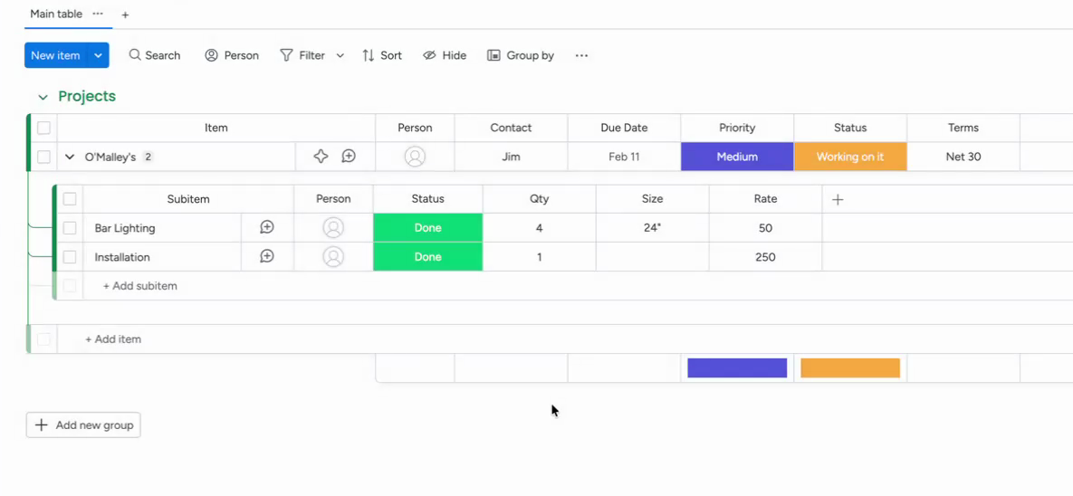 Project board overview for invoice creation