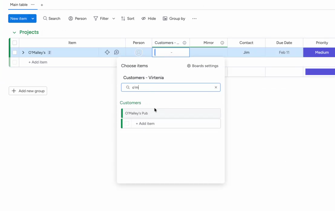 Subitems configured with line-item columns
