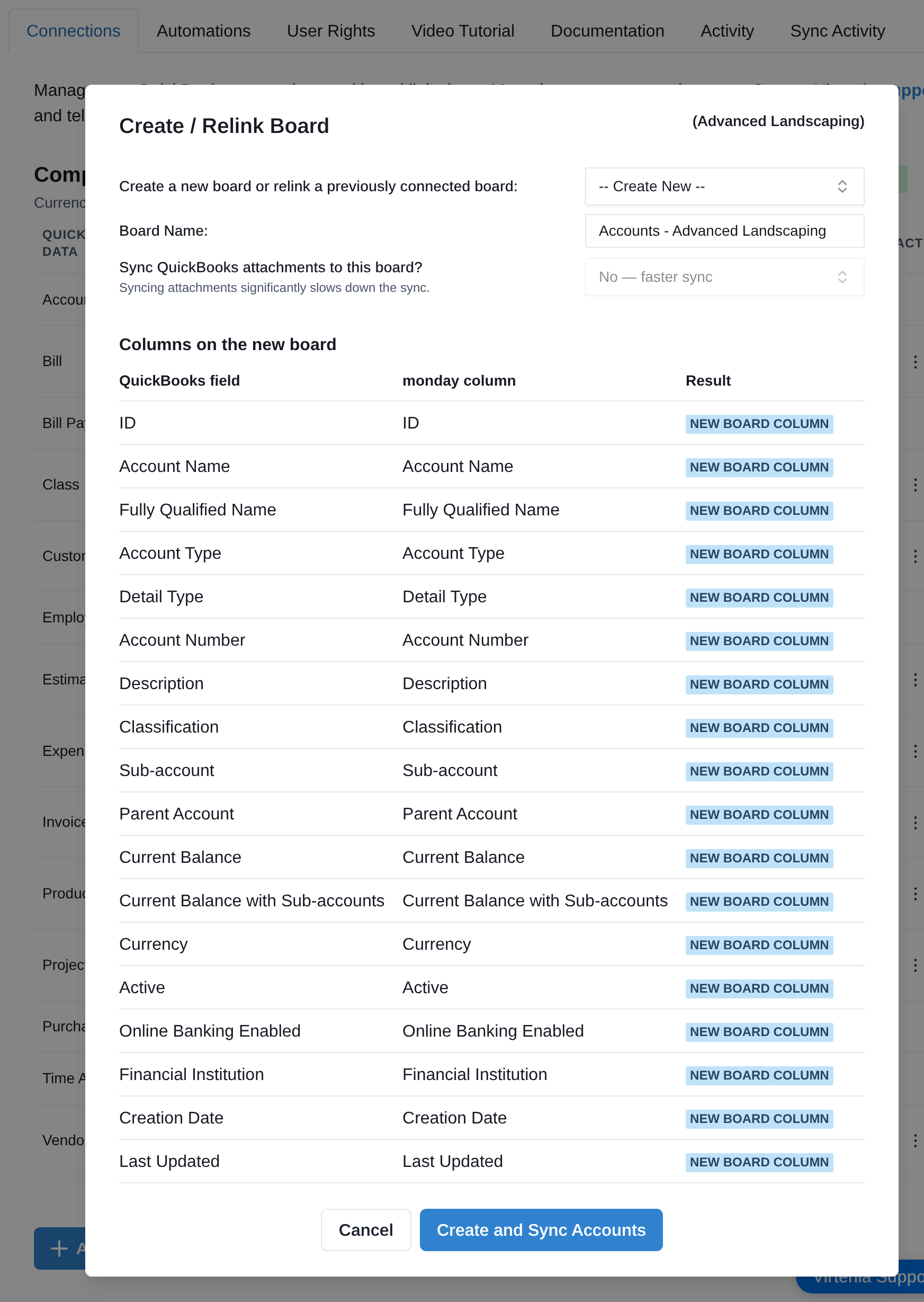 Create / Relink setup panel for an Accounts board