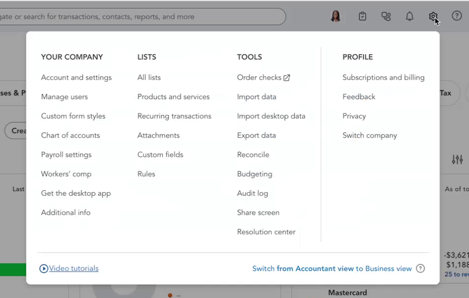 Account and settings from gear menu