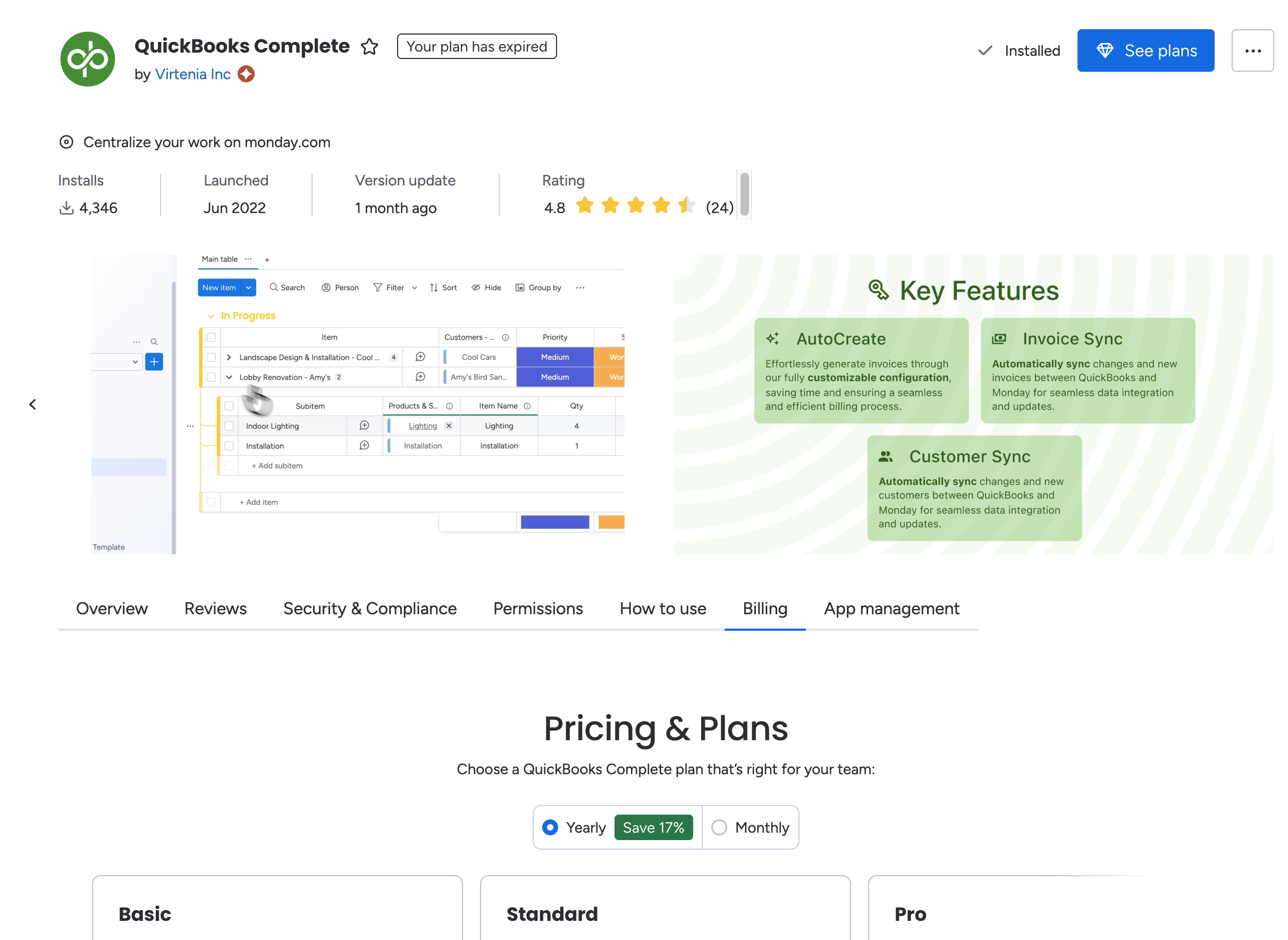 QuickBooks Complete billing tab in monday Marketplace